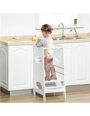 HOMCOM Toddler Step Stool Kids Adjustable Standing Tower with Safety Rail for Kitchen Counter White