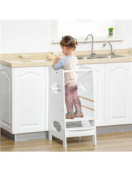 HOMCOM Toddler Step Stool Kids Adjustable Standing Tower with Safety Rail for Kitchen Counter White