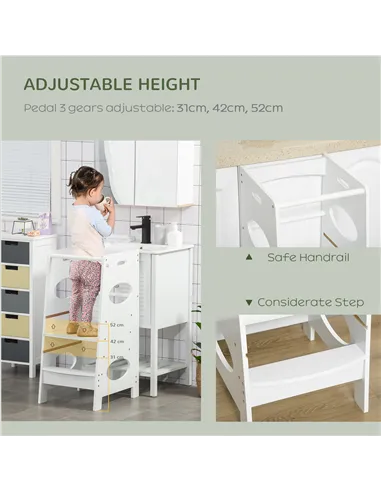 HOMCOM Toddler Step Stool Kids Adjustable Standing Tower with Safety Rail for Kitchen Counter White