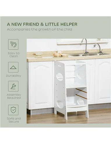 HOMCOM Toddler Step Stool Kids Adjustable Standing Tower with Safety Rail for Kitchen Counter White