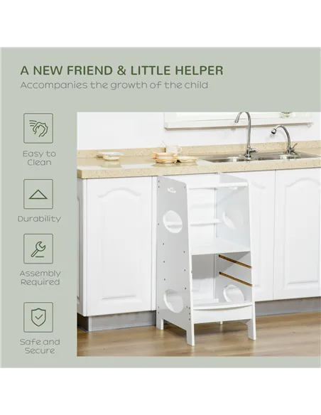 HOMCOM Toddler Step Stool Kids Adjustable Standing Tower with Safety Rail for Kitchen Counter White