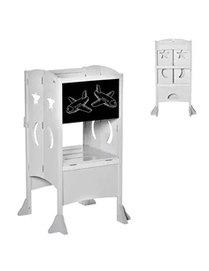 HOMCOM Kids Step Stool Toddler Kitchen Stool with Blackboard Lockable Handrail for Kids Kitchen Counter Grey