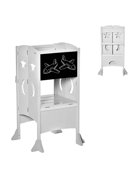 HOMCOM Kids Step Stool Toddler Kitchen Stool with Blackboard Lockable Handrail for Kids Kitchen Counter Grey