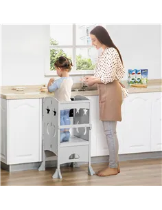 HOMCOM Kids Step Stool Toddler Kitchen Stool with Blackboard Lockable Handrail for Kids Kitchen Counter Grey 2