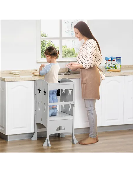 HOMCOM Kids Step Stool Toddler Kitchen Stool with Blackboard Lockable Handrail for Kids Kitchen Counter Grey