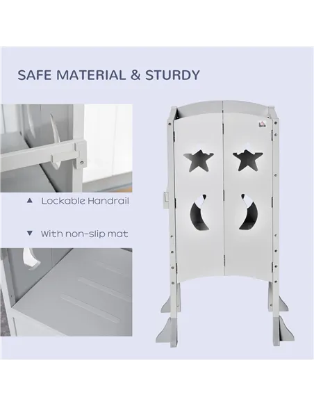 HOMCOM Kids Step Stool Toddler Kitchen Stool with Blackboard Lockable Handrail for Kids Kitchen Counter Grey
