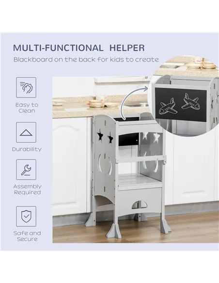 HOMCOM Kids Step Stool Toddler Kitchen Stool with Blackboard Lockable Handrail for Kids Kitchen Counter Grey