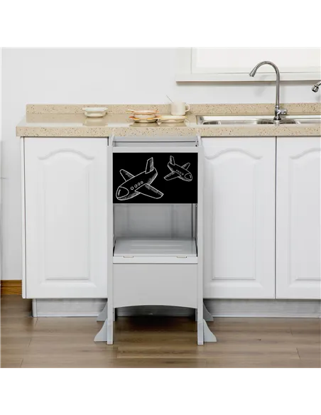 HOMCOM Kids Step Stool Toddler Kitchen Stool with Blackboard Lockable Handrail for Kids Kitchen Counter Grey