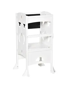 HOMCOM Kids Step Stool Toddler Kitchen Stool with Blackboard Lockable Handrail for Kids Kitchen Counter White