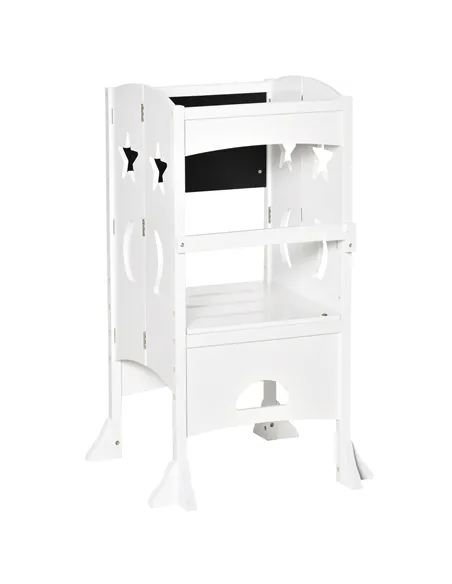 HOMCOM Kids Step Stool Toddler Kitchen Stool with Blackboard Lockable Handrail for Kids Kitchen Counter White
