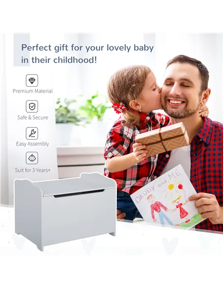 HOMCOM Wooden Kids Toy Box Children Storage Organizer Chest Safety Hinge Playroom Furniture Grey