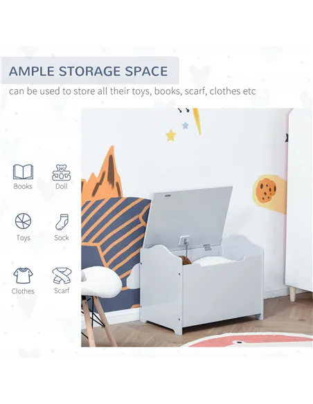 HOMCOM Wooden Kids Toy Box Children Storage Organizer Chest Safety Hinge Playroom Furniture Grey