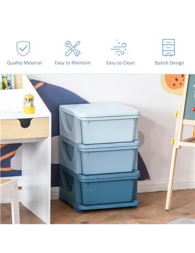 HOMCOM Kids Storage Units with 3 Drawers 3 Tier Chest Vertical Dresser Tower Toy Organiser for Nursery Playroom Kindergarten Blu