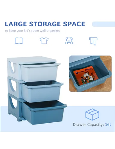 HOMCOM Kids Storage Units with 3 Drawers 3 Tier Chest Vertical Dresser Tower Toy Organiser for Nursery Playroom Kindergarten Blu