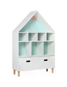 HOMCOM Kids House-Designed Bookshelf, with Drawer – Blue & White