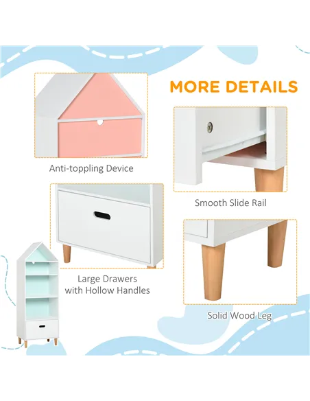 HOMCOM Kids Children Wooden Bookcase w/Drawer Bedroom Furniture Bookshelf Storage Rack Display Unit Toys Games Organisation Cabi