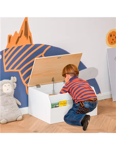 HOMCOM Wooden Kids Toy Box Children Storage Chest Organiser Book Slot Safety Hinge Playroom Furniture White