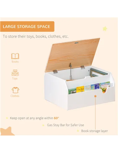 HOMCOM Wooden Kids Toy Box Children Storage Chest Organiser Book Slot Safety Hinge Playroom Furniture White