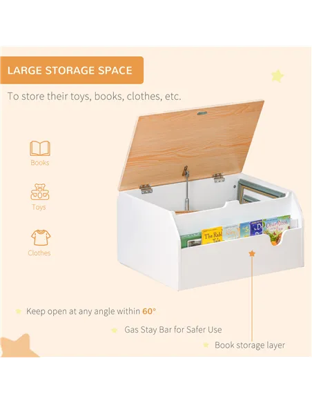 HOMCOM Wooden Kids Toy Box Children Storage Chest Organiser Book Slot Safety Hinge Playroom Furniture White