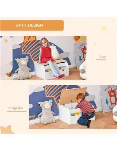 HOMCOM Wooden Kids Toy Box Children Storage Chest Organiser Book Slot Safety Hinge Playroom Furniture White