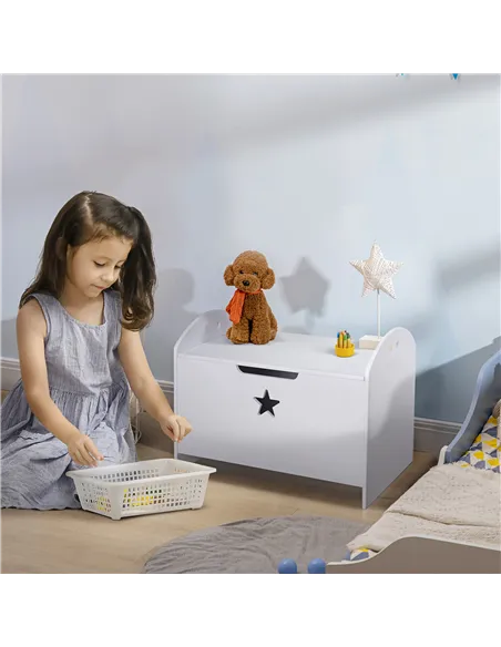 HOMCOM Kids Wooden Toy Box Organizer Children's Toy Storage with Lid Safety Hinge Side Handle Playroom Furniture White