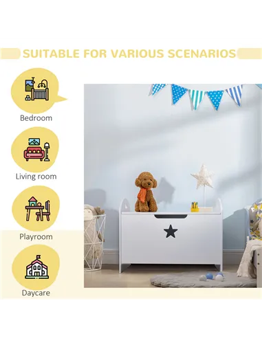 HOMCOM Kids Wooden Toy Box Organizer Children's Toy Storage with Lid Safety Hinge Side Handle Playroom Furniture White