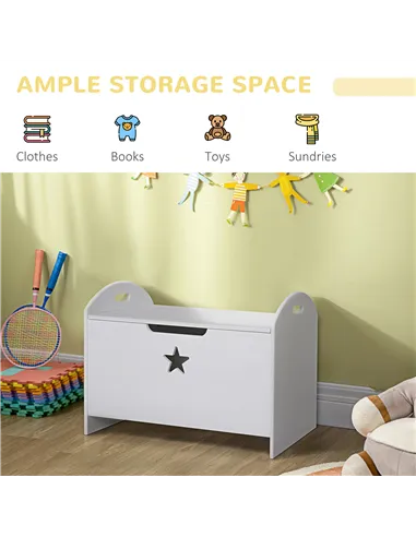 HOMCOM Kids Wooden Toy Box Organizer Children's Toy Storage with Lid Safety Hinge Side Handle Playroom Furniture White