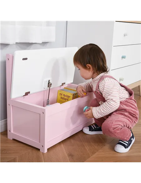 HOMCOM 2 In 1 Wooden Toy Box, Seat Storage Bench, Storage Chest Cabinet Organiser with Safety Pneumatic Rod, Pink