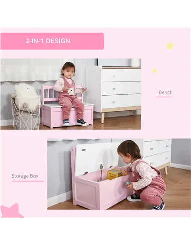 HOMCOM 2 In 1 Wooden Toy Box, Seat Storage Bench, Storage Chest Cabinet Organiser with Safety Pneumatic Rod, Pink