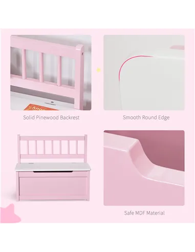 HOMCOM 2 In 1 Wooden Toy Box, Seat Storage Bench, Storage Chest Cabinet Organiser with Safety Pneumatic Rod, Pink