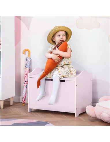 HOMCOM Wooden Kids Toy Box Children Storage Organizer Chest Safety Hinge Playroom Furniture Pink