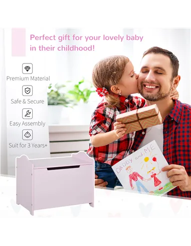 HOMCOM Wooden Kids Toy Box Children Storage Organizer Chest Safety Hinge Playroom Furniture Pink