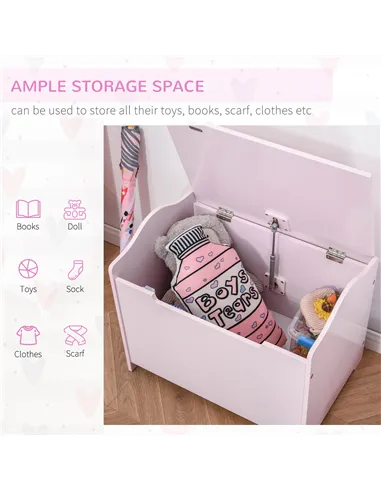 HOMCOM Wooden Kids Toy Box Children Storage Organizer Chest Safety Hinge Playroom Furniture Pink