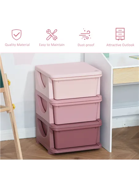HOMCOM Kids Storage Units with 3 Drawers 3 Tier Chest Vertical Dresser Tower Toy Organiser for Nursery Playroom Kindergarten Pin