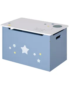 HOMCOM Kids Wooden Toy Box Children Storage Chest Organiser Side Handle Safety Hinge Play Room Furniture Blue