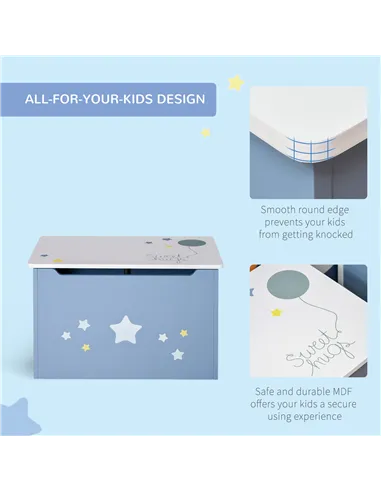 HOMCOM Kids Wooden Toy Box Children Storage Chest Organiser Side Handle Safety Hinge Play Room Furniture Blue