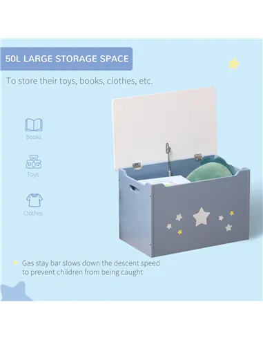 HOMCOM Kids Wooden Toy Box Children Storage Chest Organiser Side Handle Safety Hinge Play Room Furniture Blue