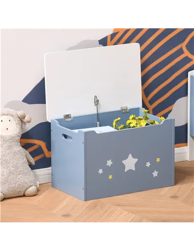 HOMCOM Kids Wooden Toy Box Children Storage Chest Organiser Side Handle Safety Hinge Play Room Furniture Blue