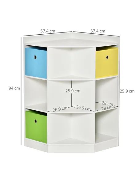 HOMCOM 3 Tier Kids Bookcase Toy Organiser Storage w/ 3 Fabric Drawers, White