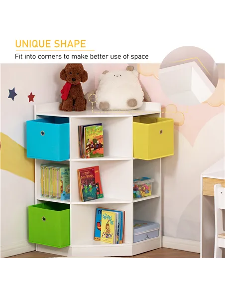 HOMCOM 3 Tier Kids Bookcase Toy Organiser Storage w/ 3 Fabric Drawers, White