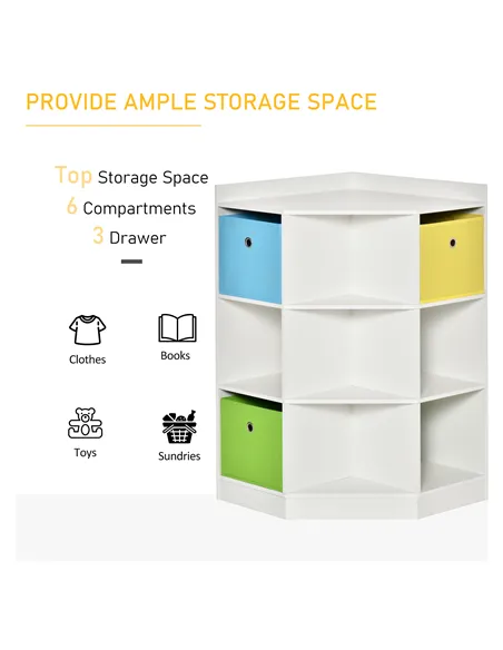 HOMCOM 3 Tier Kids Bookcase Toy Organiser Storage w/ 3 Fabric Drawers, White