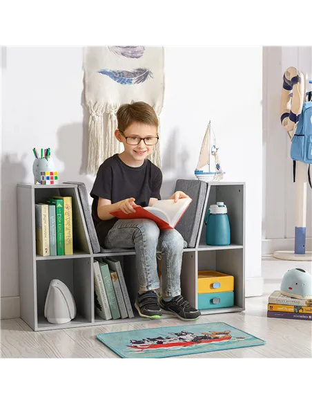 HOMCOM Kids Bookcase Shelf Storage Cabinet Unit, Living Room Sideboard w/ Six Compartments for Toys, Books - Grey