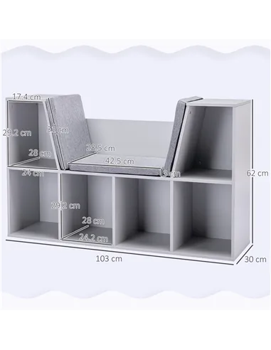 HOMCOM Kids Bookcase Shelf Storage Cabinet Unit, Living Room Sideboard w/ Six Compartments for Toys, Books - Grey