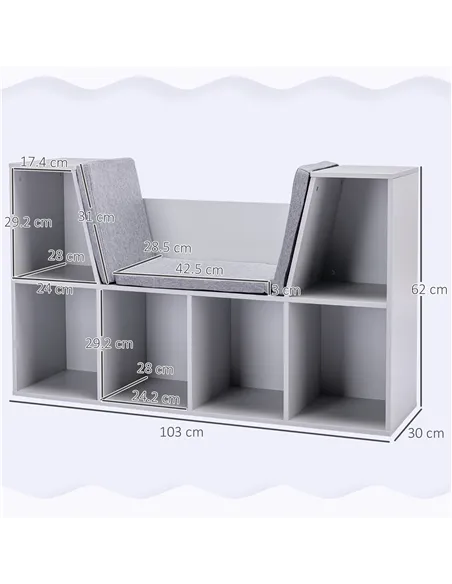 HOMCOM Kids Bookcase Shelf Storage Cabinet Unit, Living Room Sideboard w/ Six Compartments for Toys, Books - Grey