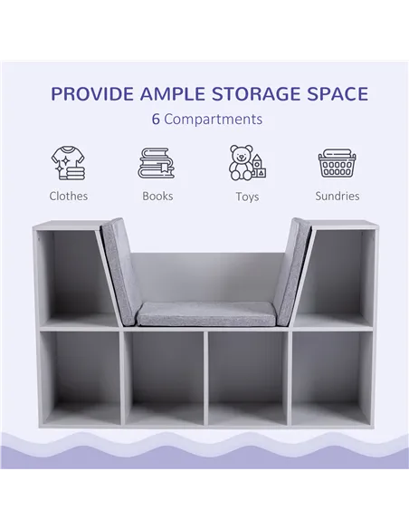 HOMCOM Kids Bookcase Shelf Storage Cabinet Unit, Living Room Sideboard w/ Six Compartments for Toys, Books - Grey