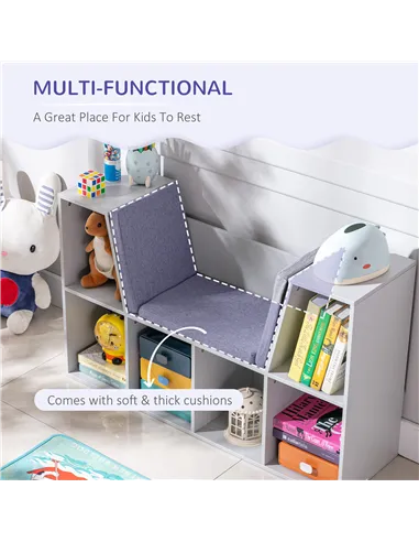 HOMCOM Kids Bookcase Shelf Storage Cabinet Unit, Living Room Sideboard w/ Six Compartments for Toys, Books - Grey