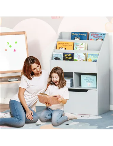 HOMCOM Kids Bookshelf, Toy Organiser, with Storage Drawer, Wheels - Grey