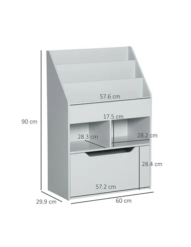 HOMCOM Kids Bookshelf, Toy Organiser, with Storage Drawer, Wheels - Grey