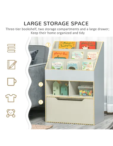 HOMCOM Kids Bookshelf, Toy Organiser, with Storage Drawer, Wheels - Grey