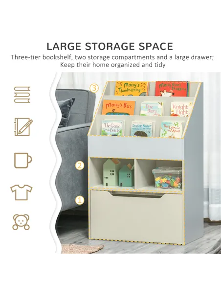 HOMCOM Kids Bookshelf, Toy Organiser, with Storage Drawer, Wheels - Grey